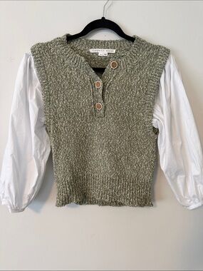 Veronica Beard Olive Knit Button-Front Sweater Vest with attached sleeves.